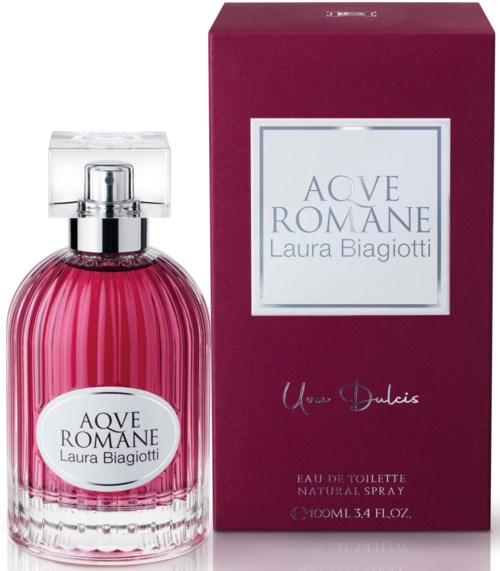 A perfume bottle with pink liquid and a box labeled 'AQUE ROMANE Laura Biagiotti' and 'Uda Dulcis'.