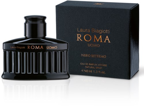 A black perfume bottle with a black box, labeled 'Rome Uomo Nero Estremo' by Laura Biagiotti.