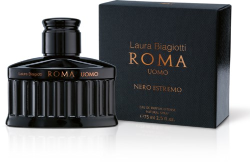 A black perfume bottle with a black box, both labeled 'Laura Biagiotti ROMA UOMO NERO ESTREMO'.