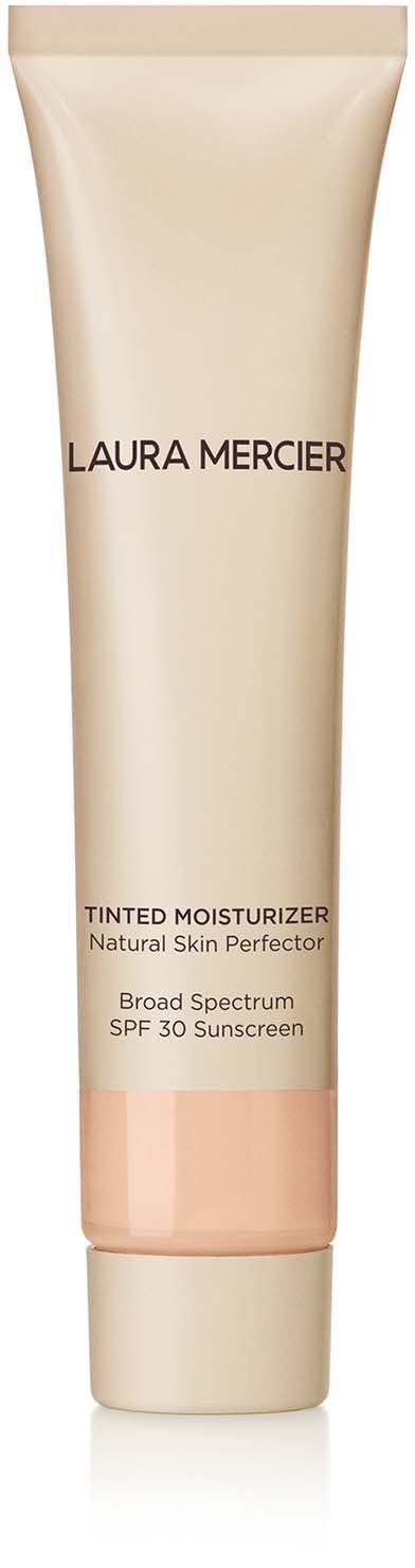 A beige tube of Laura Mercier tinted moisturizer with SPF 30 for natural, broad spectrum sun protection.