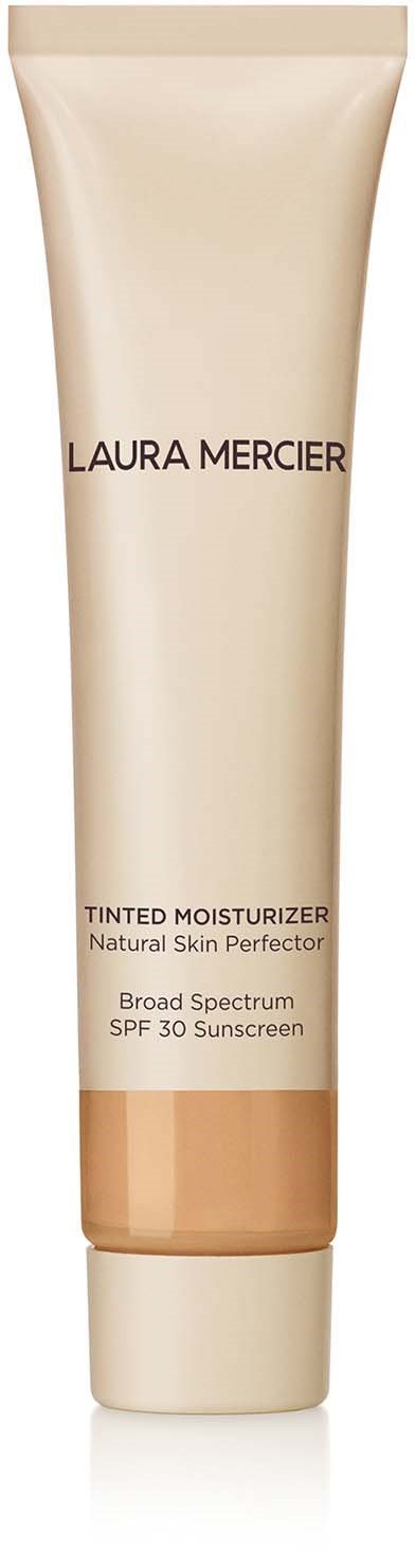 En beige tub märkt Laura Mercier tintad fuktighetskräm med SPF 30 och brett spektrumskydd.