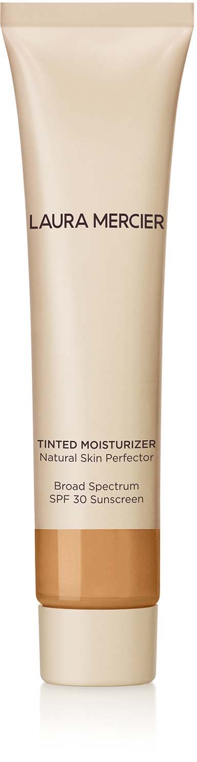 A beige tube of Laura Mercier tinted moisturizer with SPF 30. The text is black and simple.