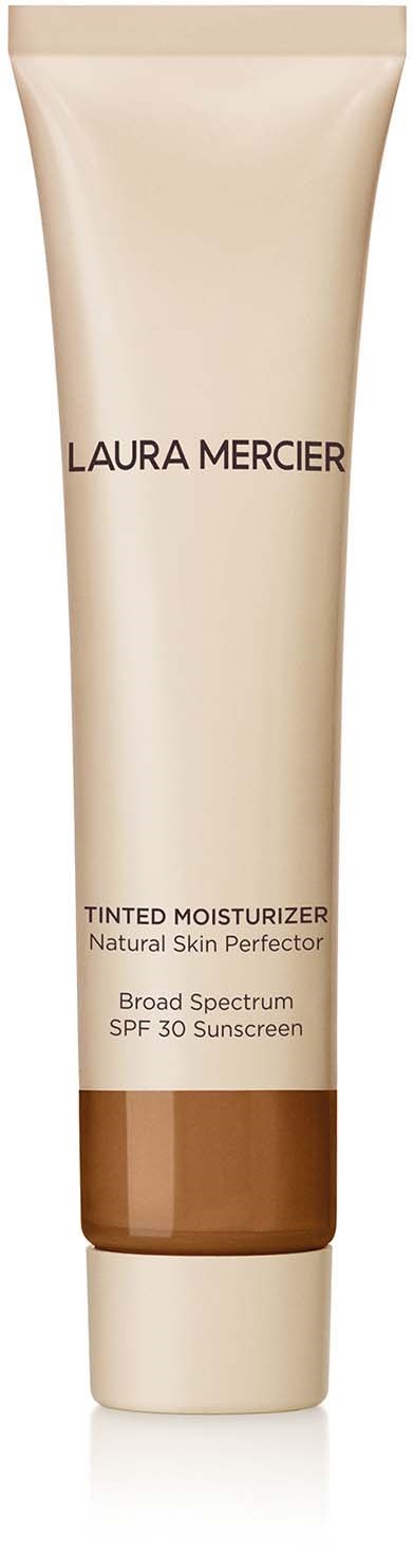 A beige tube of Laura Mercier tinted moisturizer with SPF 30, designed for natural skin. It is tall and slim.