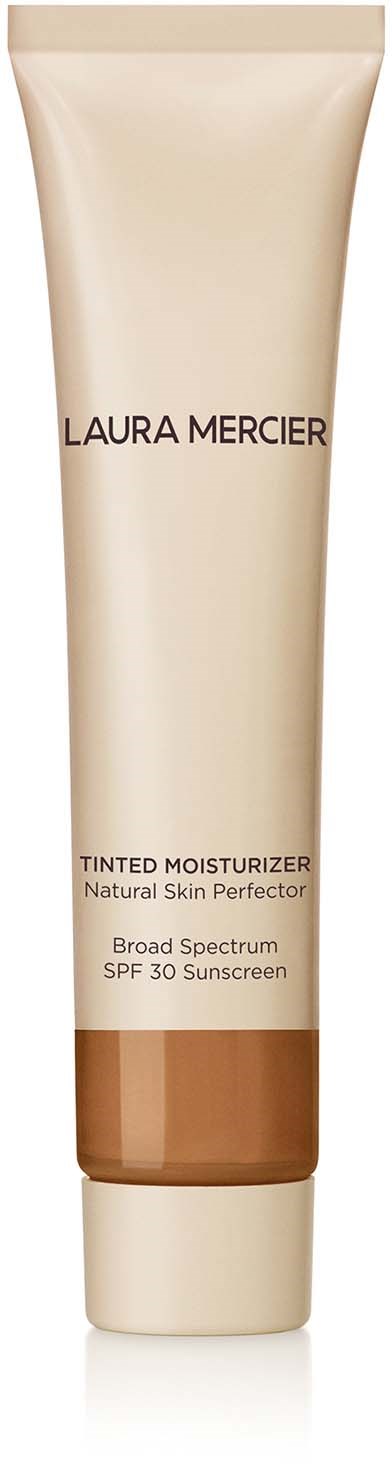 A beige tube of Laura Mercier tinted moisturizer with SPF 30, broad spectrum, natural skin finish.