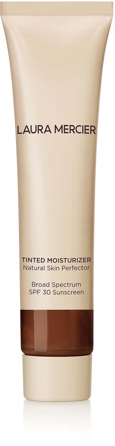 A beige tube of Laura Mercier tinted moisturizer with broad spectrum SPF 30 and a brown cap.