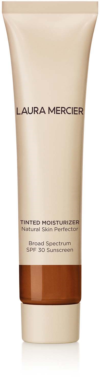 A tube of Laura Mercier tinted moisturizer with SPF 30 and broad spectrum protection.