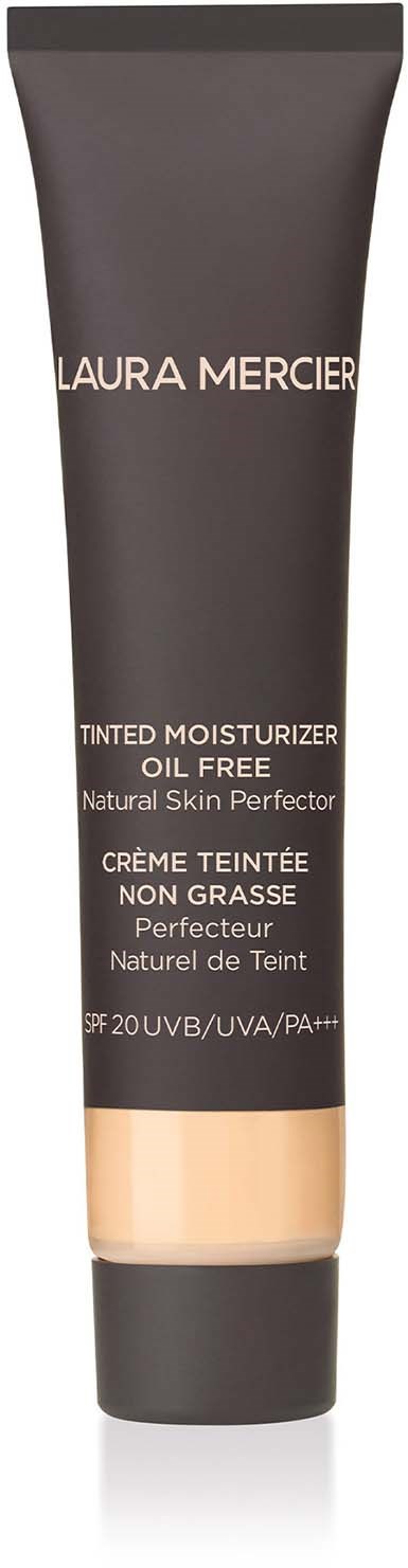 A tube of Laura Mercier tinted moisturizer with SPF 20, oil-free, suitable for natural skin, in a black and beige package.