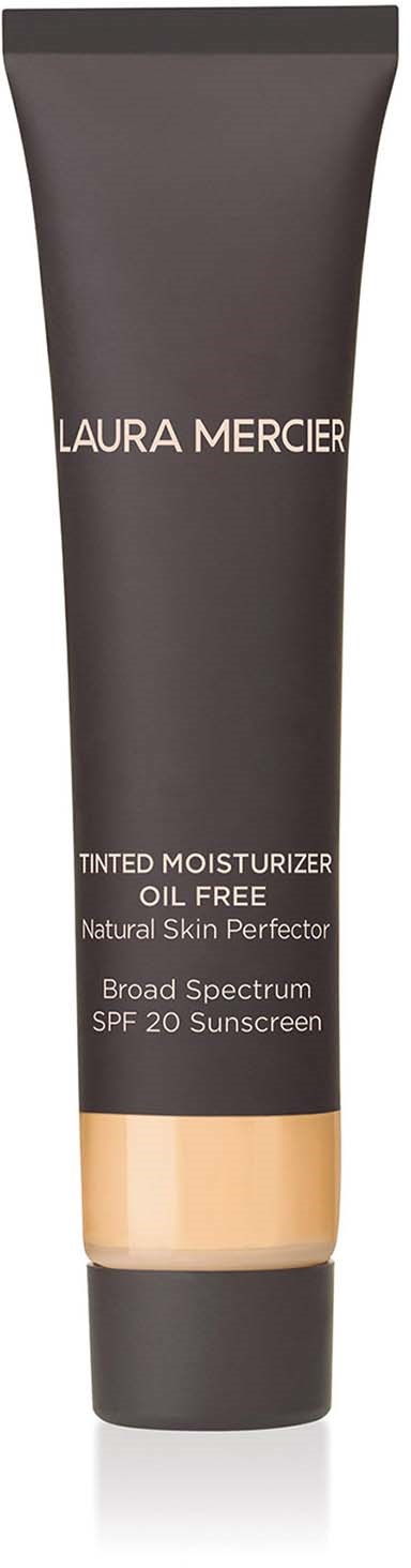 A tube of Laura Mercier tinted moisturizer with SPF 20, oil-free and designed for natural skin. Black and beige packaging.