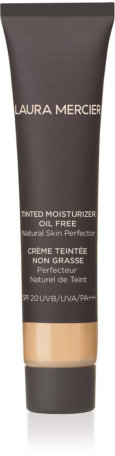Dark tube with beige cap, contains Laura Mercier tinted moisturizer for natural skin, oil-free, SPF 20, UVA/UVB protection.