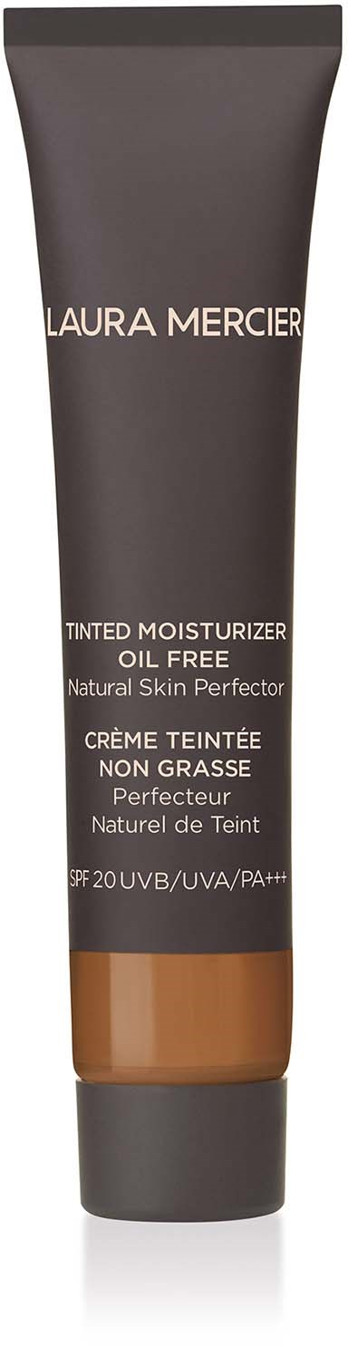 A dark gray tube of Laura Mercier tinted moisturizer with SPF 20, designed for natural skin with oil-free formula.