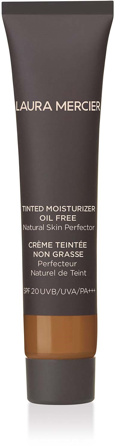 A grey tube of Laura Mercier tinted moisturizer with a brown cap, labeled as oil-free and SPF 20.