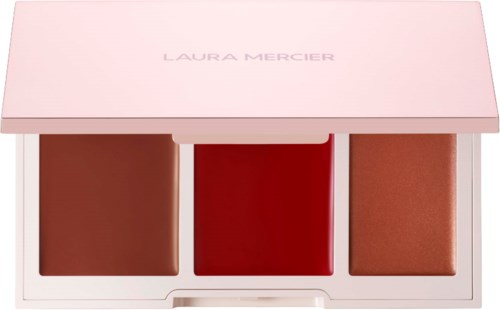 Laura Mercier Lippen- und Wangenfarbenpalette mit drei Tönen in einer rosa Hülle.
