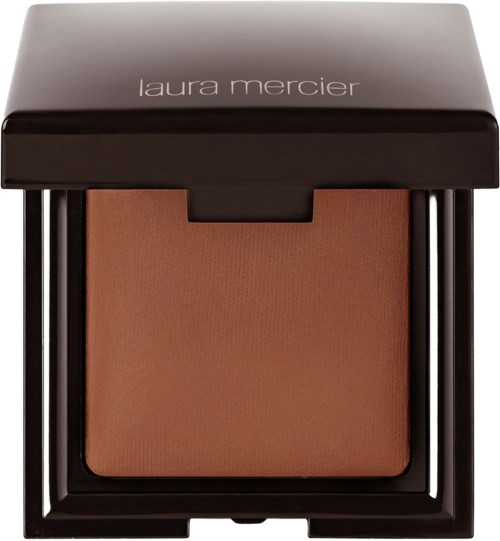 En kompakt makeup-ansiktspuder i ett svart fall med lock märkt 'laura mercier' och ett stort brunt pulver inuti.
