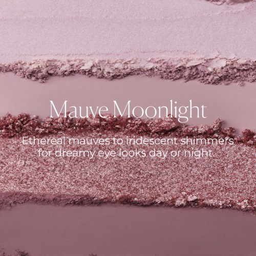 Swatches af mauve øjenskygge med beskrivelse af æterisk, iriserende glans egnet til dag- eller aftenbrug.