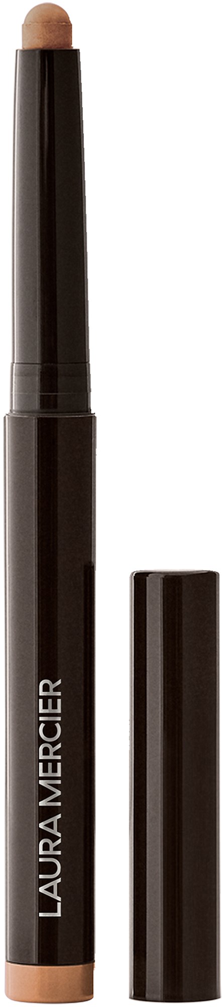 A makeup pencil with a cap, labeled 'Laura Mercier.' It is light-colored and designed for cosmetics.