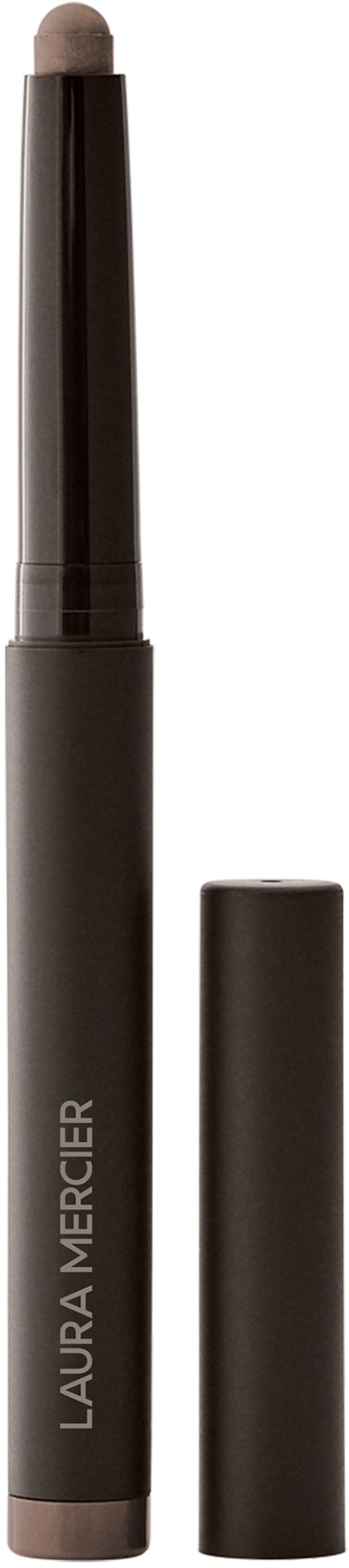 A dark gray pen with the brand name 'Laura Mercier' printed on it, with its cap beside. The pen looks sleek and simple.