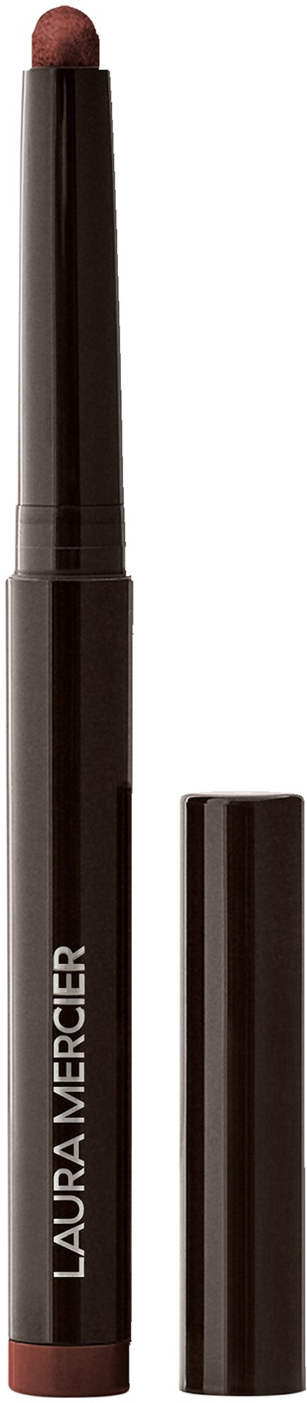 A lipstick with a black tube and a brown tip, labeled 'Laura Mercier'.