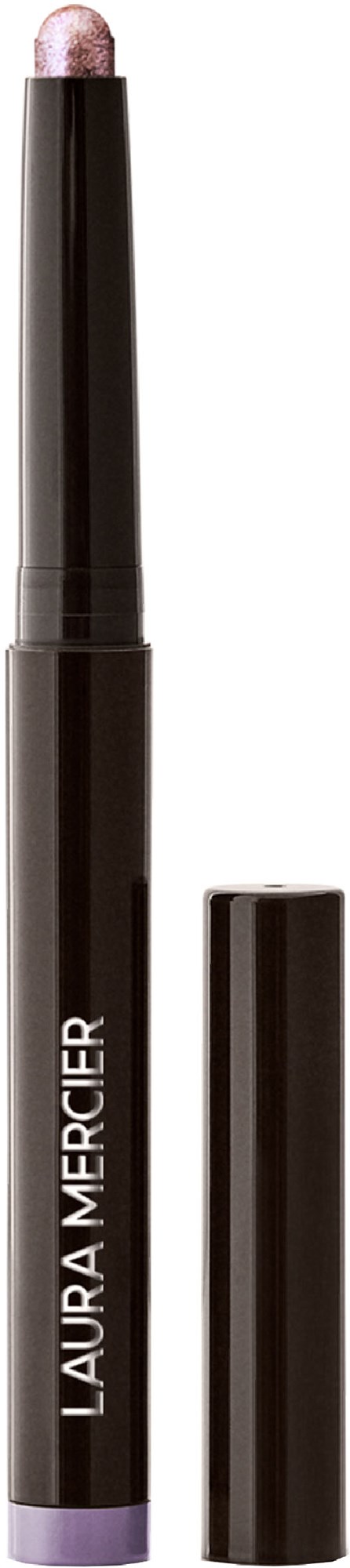 A black pencil-like makeup product with a purple tip, labeled 'LAURA MERCIER,' standing upright with its cap removed.