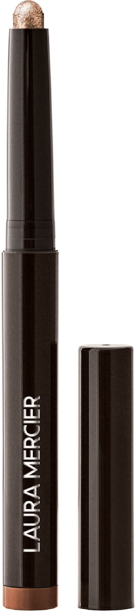 A pencil-shaped makeup stick with a black body and white text, partially opened, showing a light-colored tip.