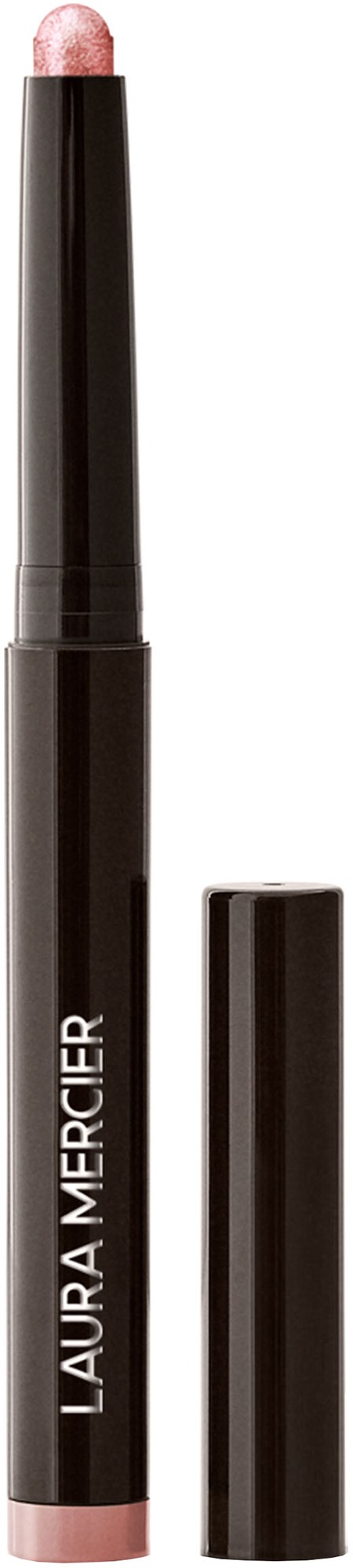A makeup stick with a black body, labeled 'Laura Mercer', with a pink tip on the exposed part.