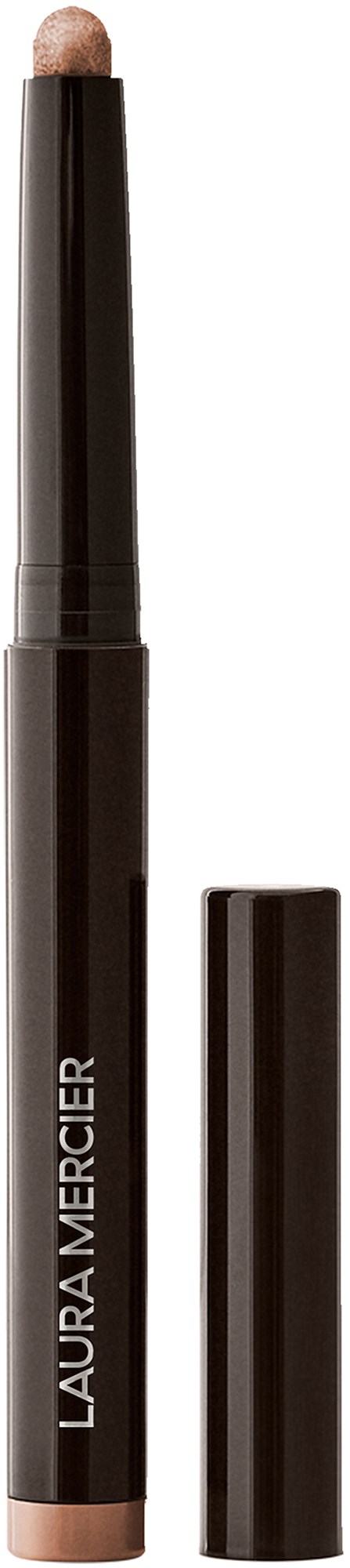 A black pencil with a beige tip and a separate black cap, labeled 'LAURA MERCIER' on the body.