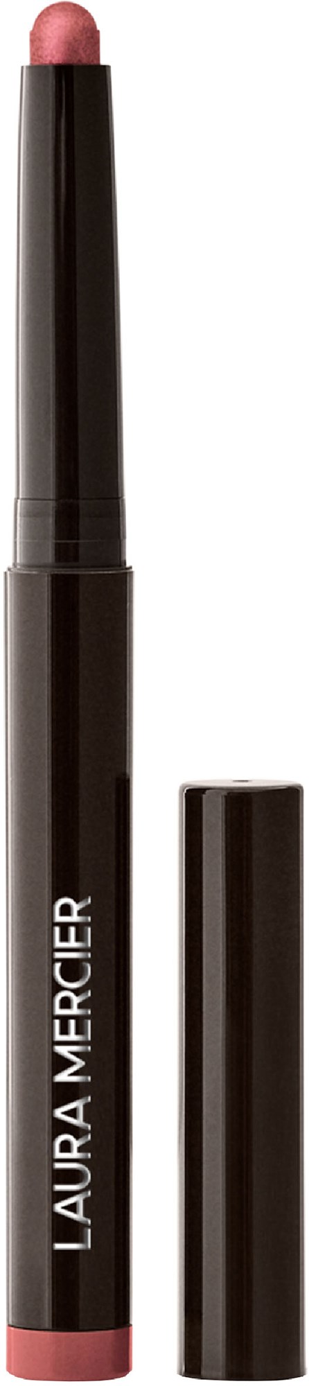 A black pencil-shaped lipstick with a pink tip and an open cap. The brand name Laura Mercier is printed on the pencil.