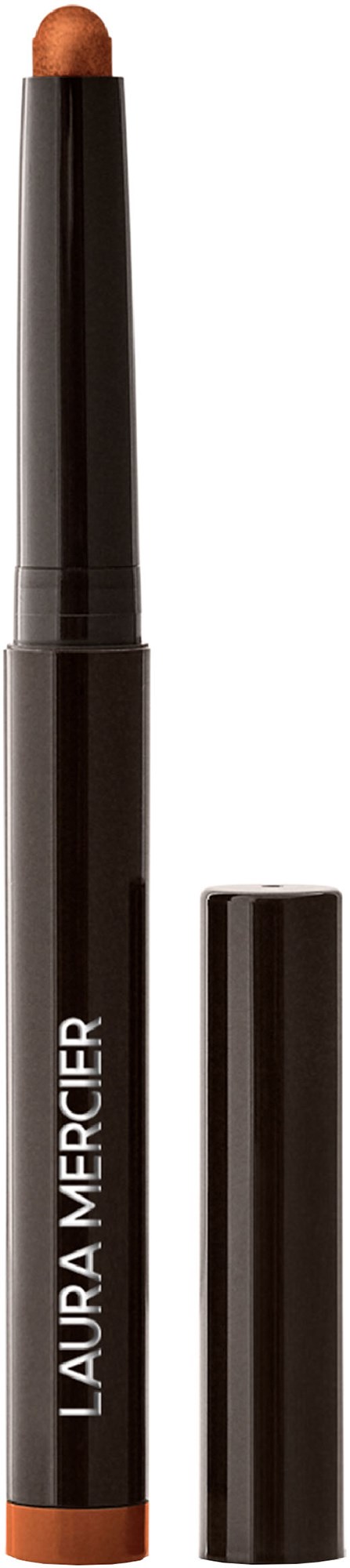 A makeup stick with a brown tip, black body, and the words 'Laura Mercier' written on it.
