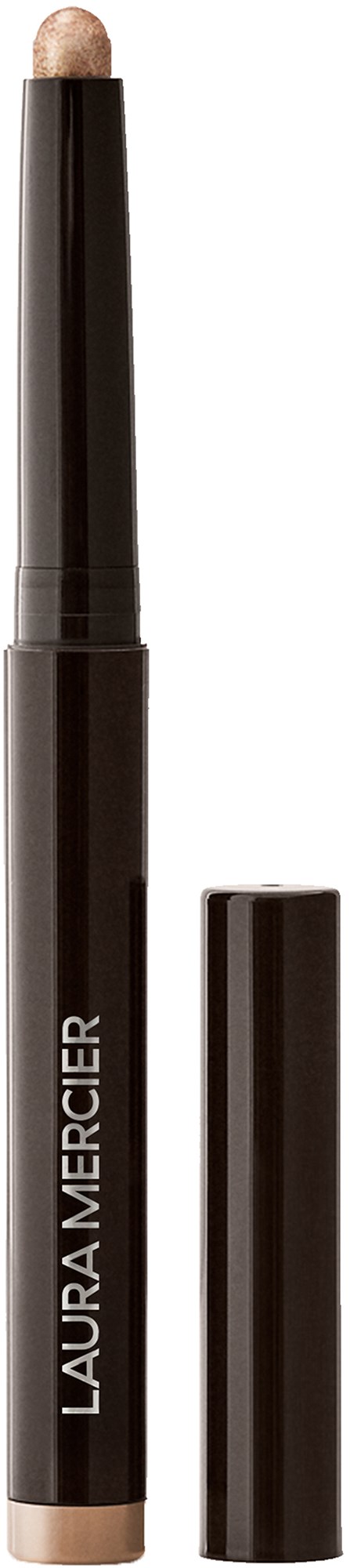 A black Laura Mercier makeup stick with a cap placed beside it, showing the product's light-colored tip.