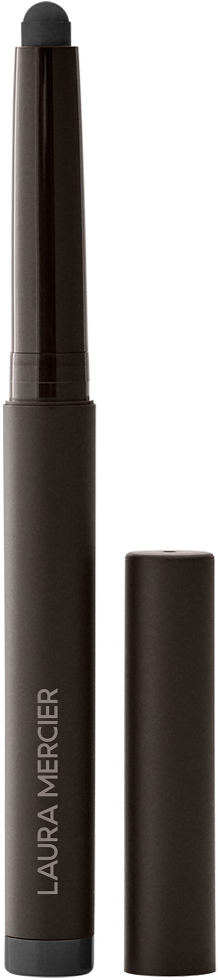A dark brown or black Laura Mercier lipstick with its cap removed, showing the long, slim product.