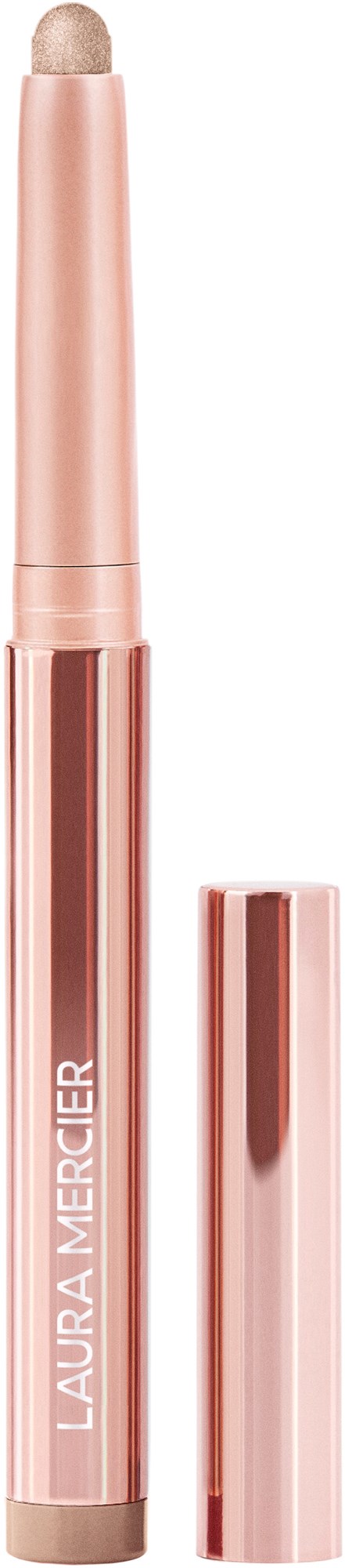 A rose gold-colored pen with a cap, labeled "LAURA MERCIER."