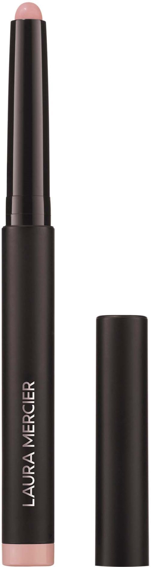 Laura Mercier læbestift i en sort tube med låget fjernet, der viser en lys pink balm.