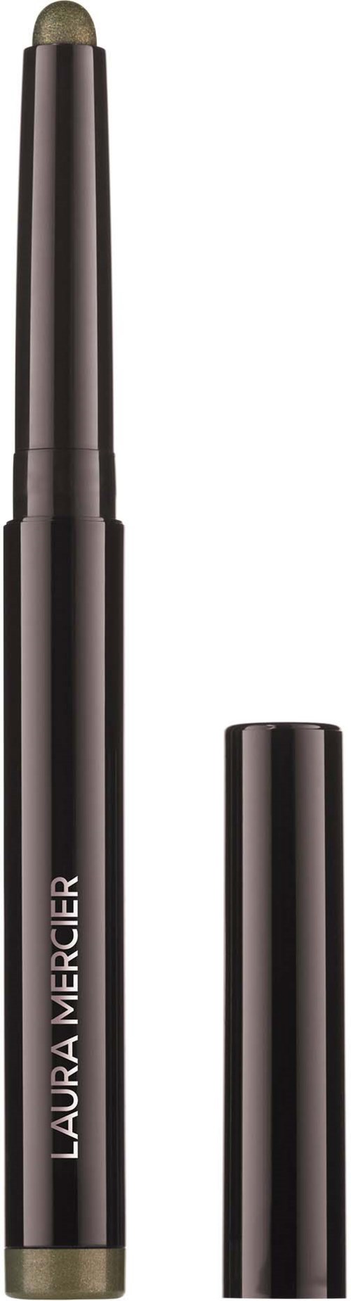 Laura Mercier øjenskygge-stift uden låg, viser applikatorspidsen og elegant sort emballage.