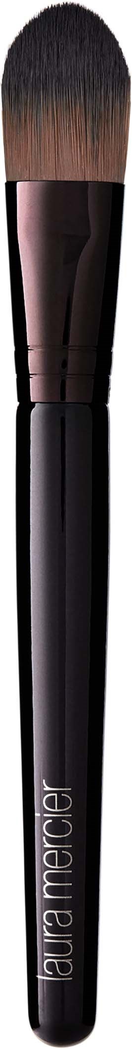 A makeup brush with a black handle and brown bristles, labeled "Laura Mercier."