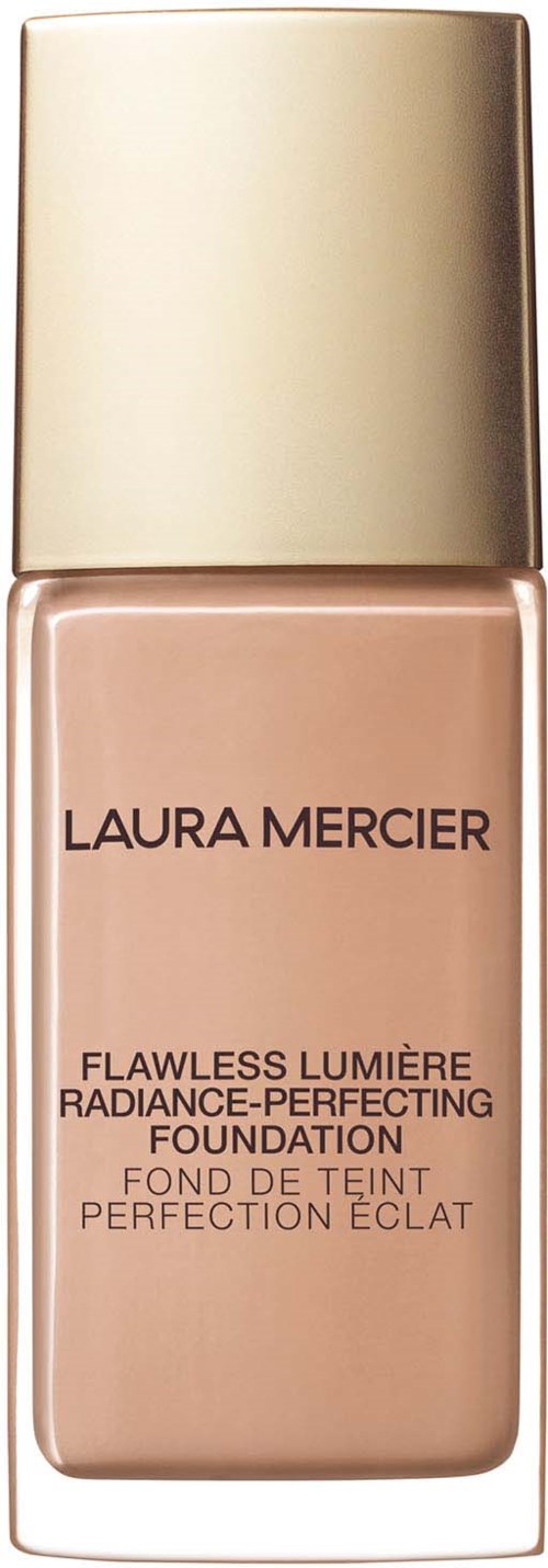 Eine beige Foundation-Flasche mit goldener Kappe, beschriftet 'Laura Mercier Flawless Lumière Radiance-Perfecting Foundation.'