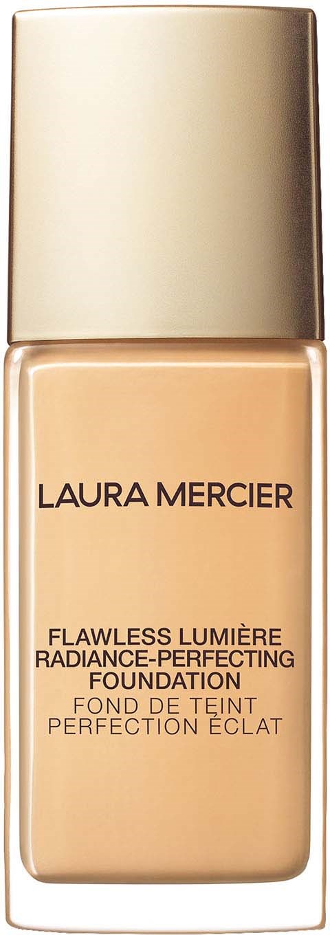 Laura Mercier -meikkivoidepullo, jossa vaalea korkki ja etiketti, sisältää hehkuvaa ja täydentävää meikkituotetta.