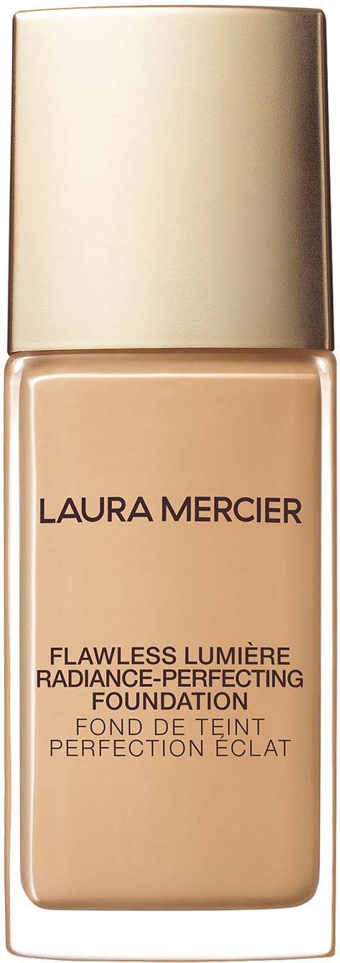 Laura Mercier -sivellin pillin etiketti 'Flawless Lumière Radiance-Perfectioning Foundation' kullansävyisellä kannella.