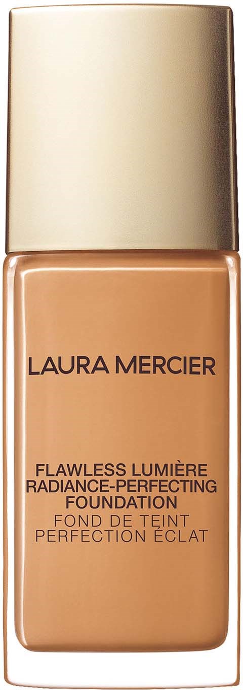 Eine Flasche Laura Mercier Flawless Lumière Radiance-Perfecting Foundation mit goldener Kappe und beigefarbener Flüssigkeit.