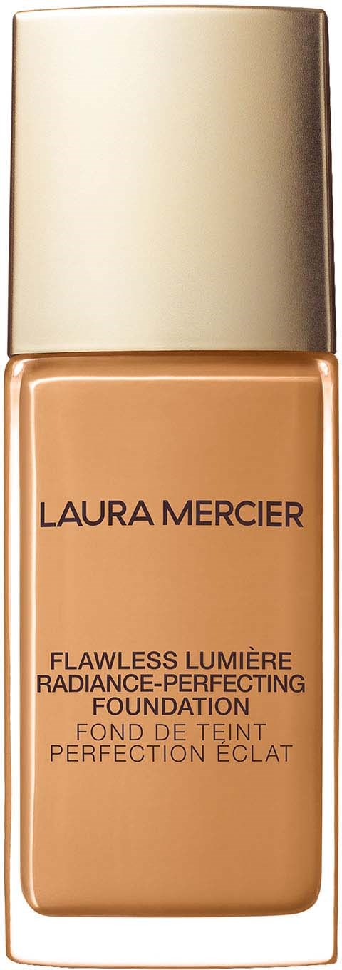 Eine beige Foundationsflasche mit goldener Kappe und schwarzem Text mit Marken- und Produktdetails.