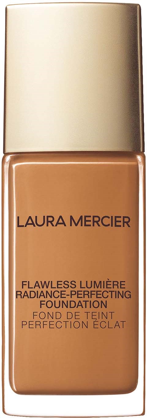 En foundationflaske med gullhode, merket 'Laura Mercier Flawless Lumière Radiance-Perfecting Foundation.'