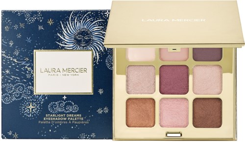 A makeup palette with nine different pink, brown, and peach shades, and a blue holiday-themed box.