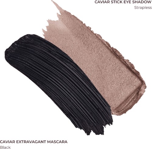 A black mascara and a beige eyeshadow swatch are shown, with the mascara's curved stroke over the eyeshadow.