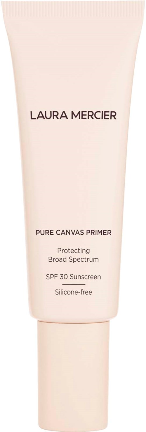 A tube of Laura Mercier Pure Canvas Primer offering broad protection, SPF 30, and silicone-free formula.