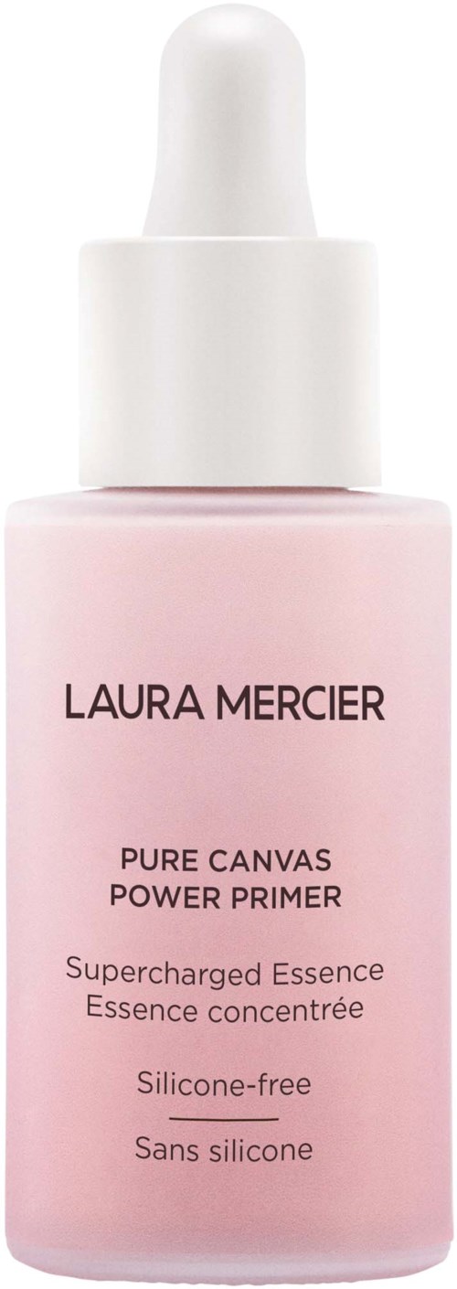 This is a pink bottle of Laura Mercier Pure Canvas Power Primer, with a white dropper cap, it is silicone-free.