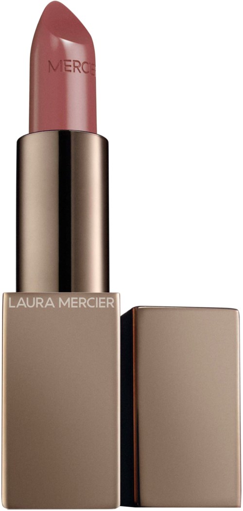 A pink lipstick in a grayish gold case with a square lid and the brand name Laura Mercier on the box.