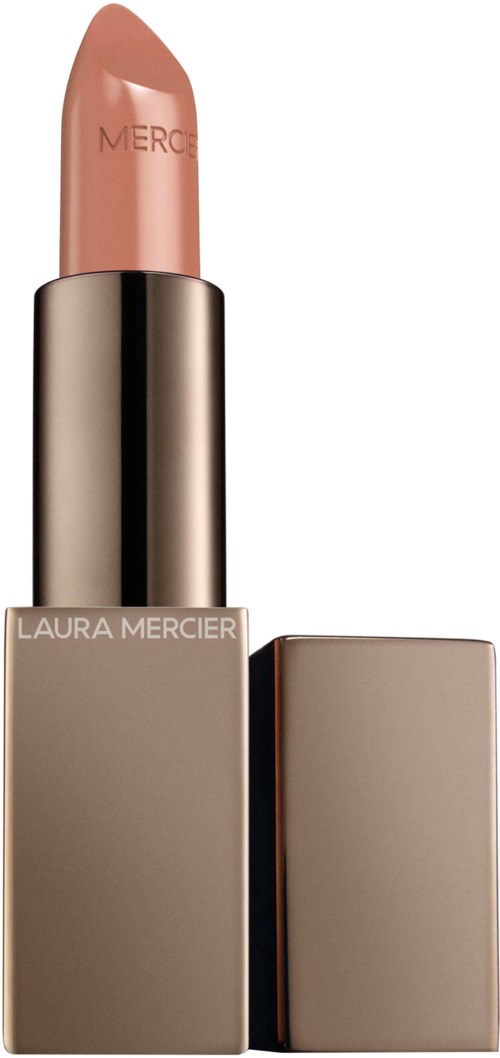 A beige lipstick with a gold and beige case, labeled 'Laura Mercier', is shown with the cap removed.