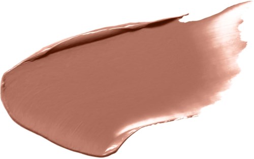 A smear of light brown makeup product with a glossy finish on a white background.