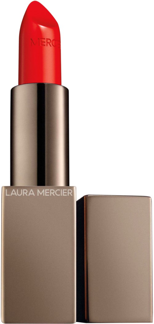 A red lipstick with a grayish beige case, the lipstick is shiny and has the word 'NERO' on it.