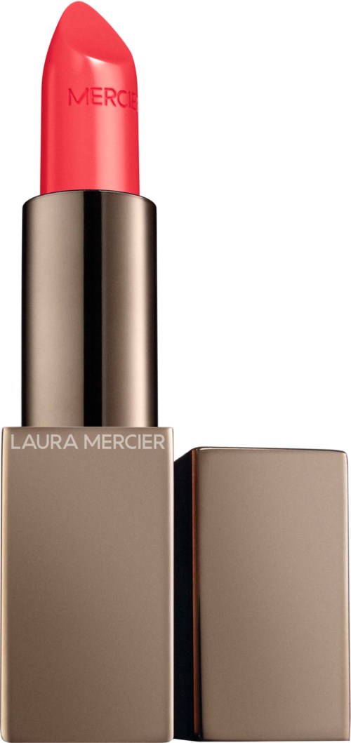 A lipstick in a silver tube with a grey cap. The lipstick is bright pink and has the word 'MERC' on it.