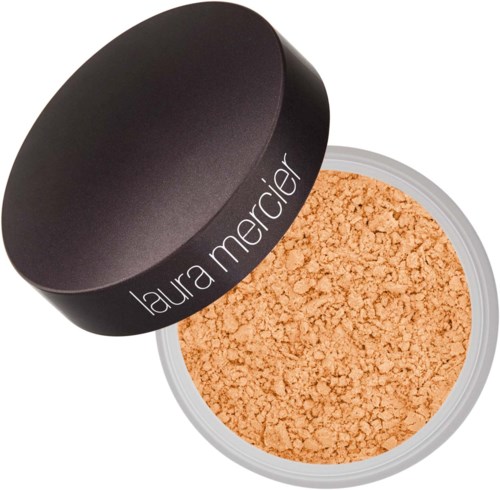 A round container with a black lid labeled "laura mercier" and a beige, crushed powder inside.