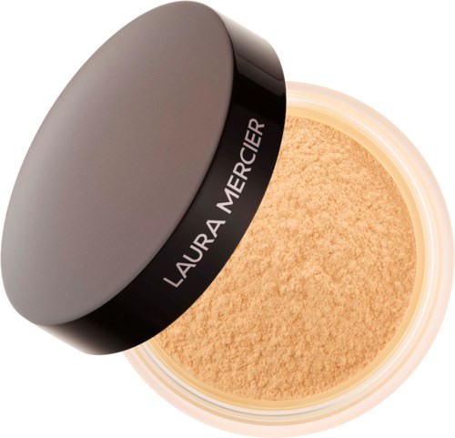 Ein runder Behälter mit grauem Deckel, Laura Mercier, enthält puder.